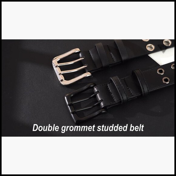 Quality Leather Double Grommet Studded Belt with Detachable Chain